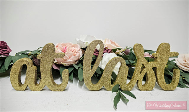 Glitter Gold "At Last" table sign 