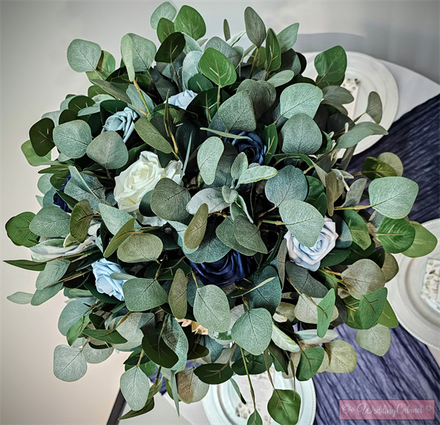 Blue Ombre and Ivory Roses, Eucalyptus, Lambs Ear Floral Topper (CAN NOT ALTER FOR ANY REASON OR ADD YOUR OWN MATERIAL) *CONTACT OWC IF YOU NEED MORE*