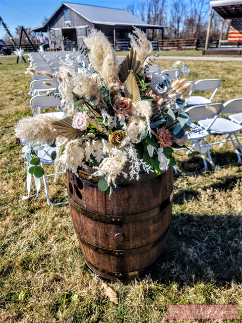 Bourbon Barrel (arrangement on top is a fresh floral arrangement and is not included)