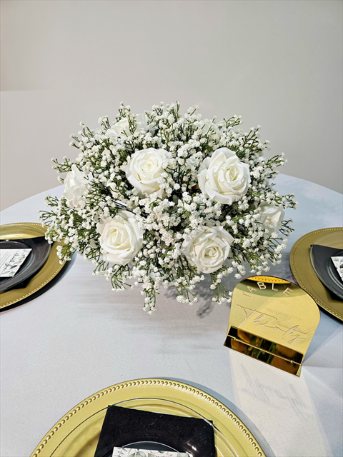Baby's Breath, White Roses Table Arrangement in White Floral Bowl Vase (CAN NOT ALTER FOR ANY REASON OR ADD YOUR OWN MATERIAL) *CONTACT OWC IF YOU NEED MORE*