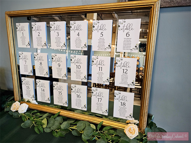 Gold Metal Mirror Seating Chart (For Premium and Ultimate Packages Only)  Dimensions: 38"x26" **MUST PICK BLACK WROUGHT IRON EASEL STAND**